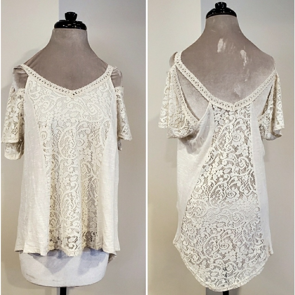 Doe & Rae Boho Cream Lace Tunic Cold Shoulder Top
